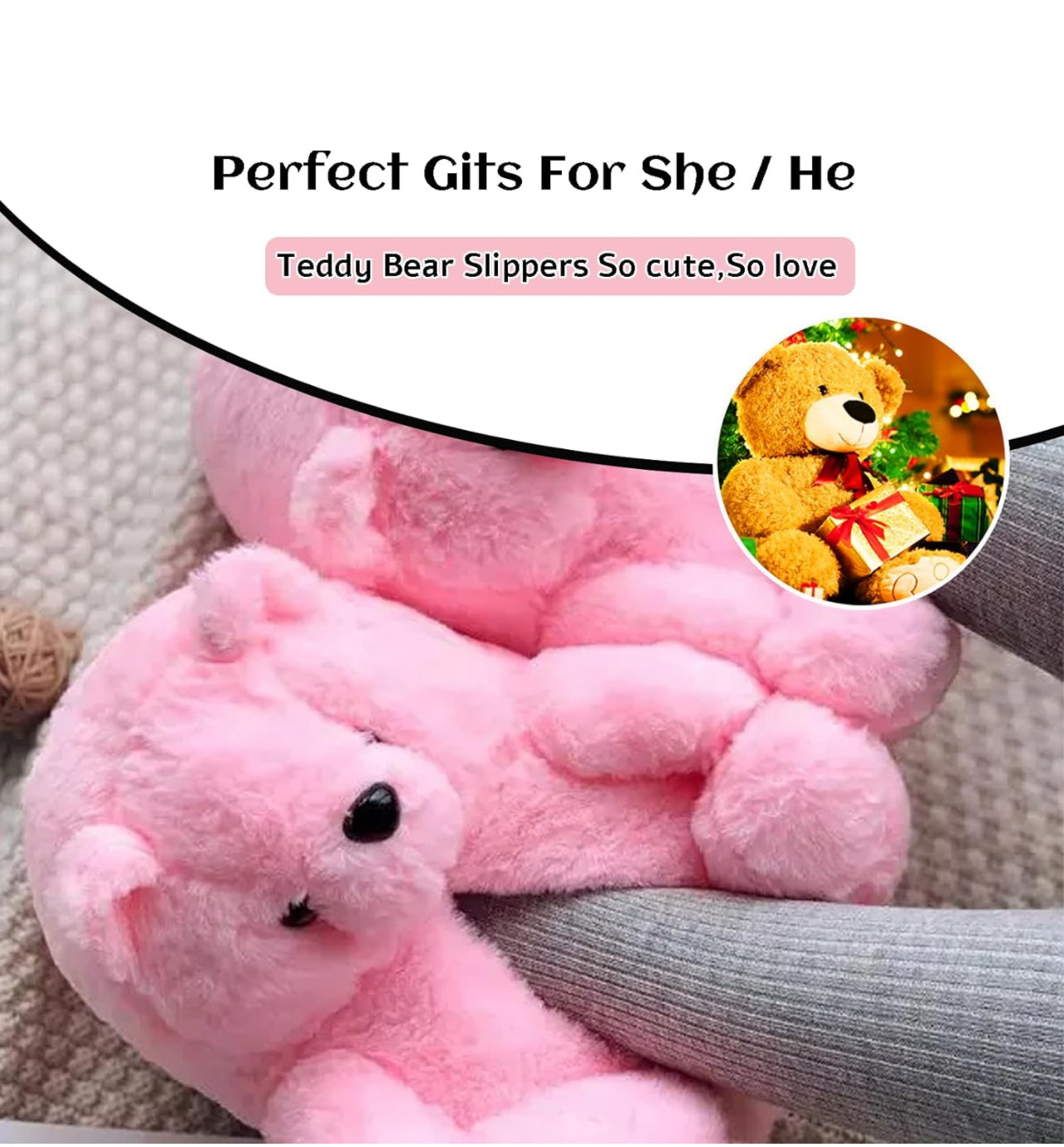 Women’s house indoor soft anti-slip winter warm plush floor shoes teddy bear slippers.