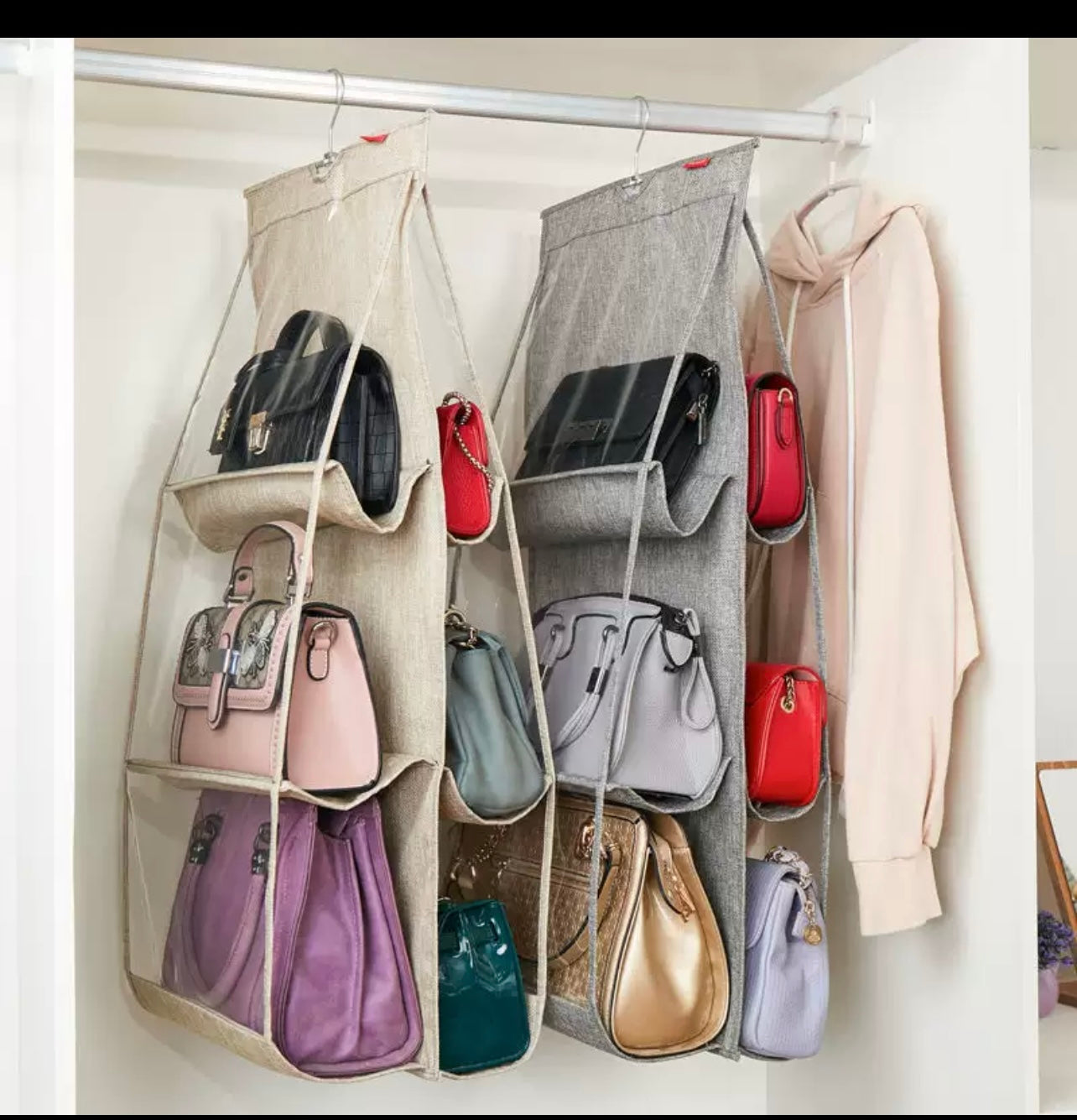 Space saving hanging bag organizer